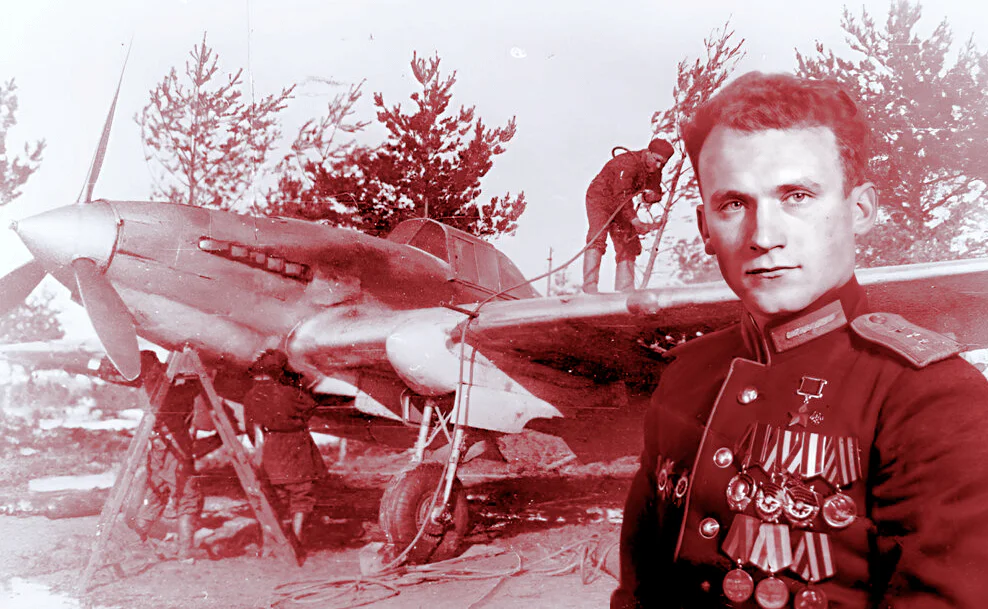 Лётчик-ас В. С. Серёгин на фоне советского штурмовика Ил-2.
